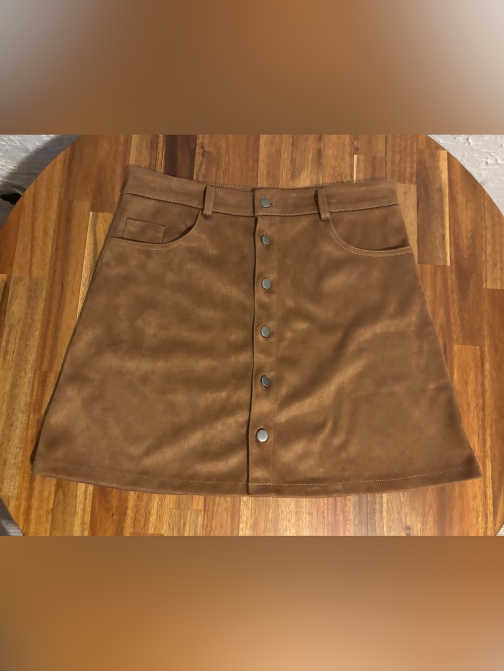 Button-Front Suede Mini Skirt — Brown - Picture 1 of 9